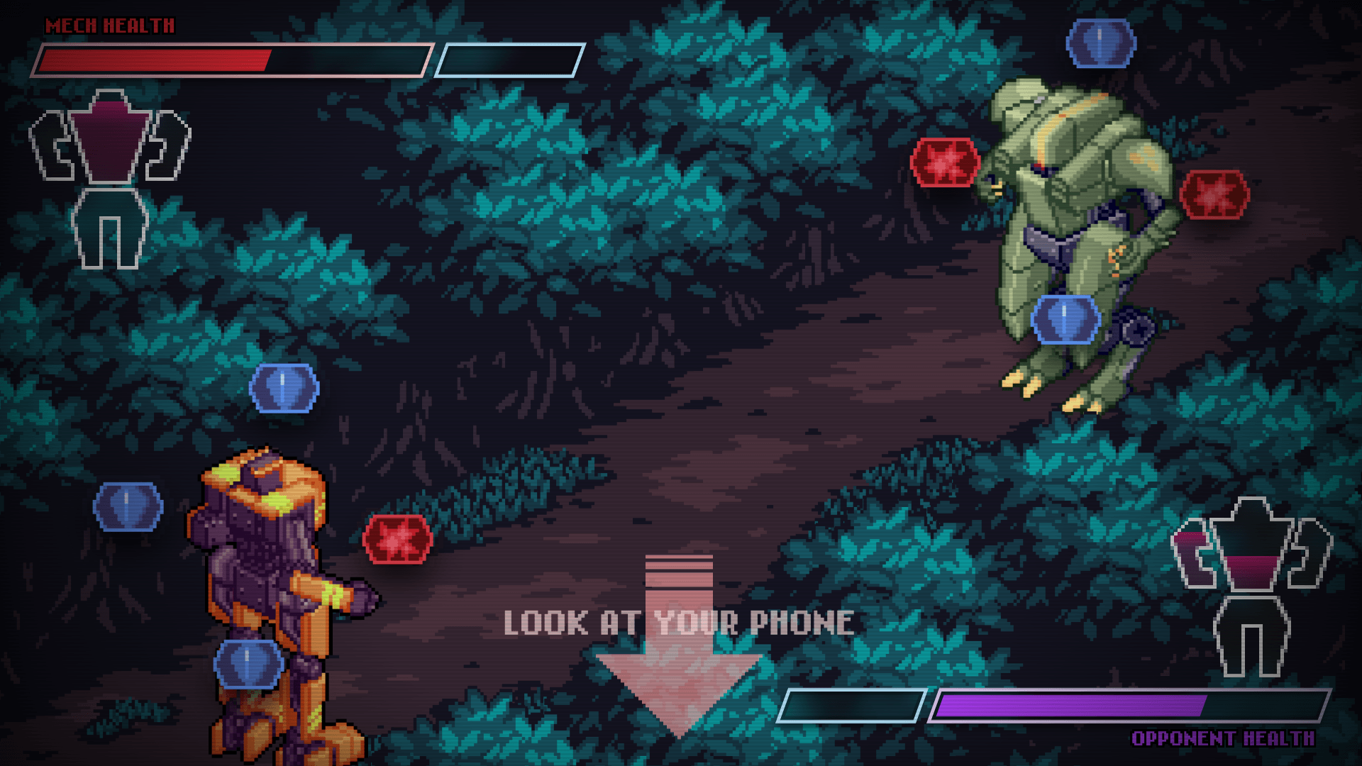 Two mechs standing in a dark forest, showing their intents to attack and defend
